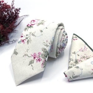 Cream Flower Neck Ties / Wedding Neck Tie / Mens Neck Ties / Necktie For Men / Groomsmen Necktie / Pocket Square Set / Neck Tie For Men/