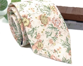 Blush Pink and Sage Green Floral Necktie, Wedding NeckTies For Special Days