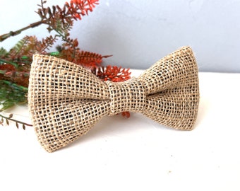Burlap Bow Tie for Men, Rustic Jute Wedding Bowtie, Natural Beige Groom Tie, Handmade Boho Accessory