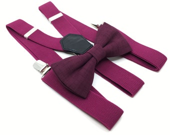 Linen Dark Purple Bowtie and Eggplant Suspenders Set / Bowtie and Suspender Set / Adult Suspender / Ring bearer outfit / Toddler Suspender
