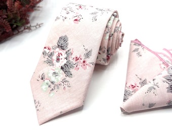 Flower Dusty Pink Neck Ties / Wedding Neck Tie / Dusty Pink Neck Ties / Mens Necktie / Groomsmen Necktie / Pocket Square Set / Neck Tie