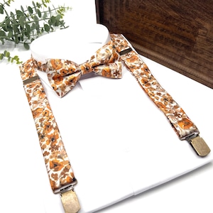 Burnt Orange Floral Suspenders on an Ecru Background, Free personalization, Burnt Orange Bow tie, Suspender Bowtie, Wedding Floral Suspender