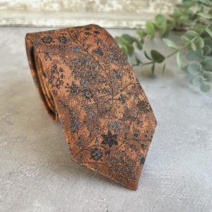 Burnt Orange Floral NeckTie, Unique Handmade Wedding Groom Tie