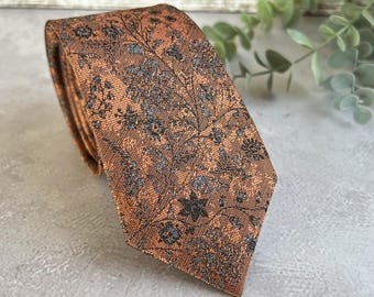 Burnt Orange Floral NeckTie, Unique Handmade Wedding Groom Tie