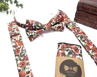 Ivory Rust Floral Bow Tie and Suspenders Set, Burnt Orange Wedding Groomsmen Outfit, Rustic Boho Groom Accessories
