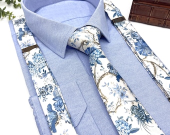 Floral Dusty Blue Necktie, Groom and Groomsmen Unique Hanmdmade Tie