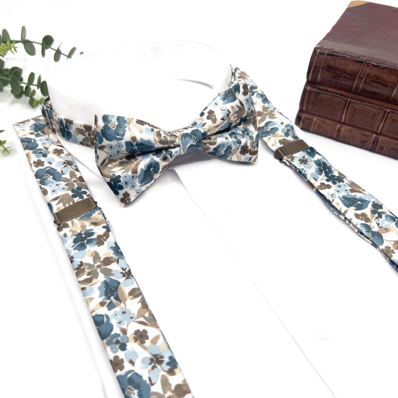 Dusty Blue Floral Bow Tie and Suspenders Set, Brown Blue Wedding Suspenders, Groomsmen Outfit, Boho Rustic Wedding image 1