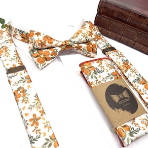 Burnt Orange Floral Suspenders on an Ecru Background, Free personalization, Burnt Orange Bow tie, Suspender Bowtie, Wedding Floral Suspender
