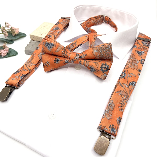 Burnt Orange Floral Suspenders, Burnt Orange Bow tie, Suspender Bowtie, Wedding Floral Suspenders, Groomsmen Suspenders, Ring bearer outfit