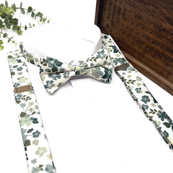Conjunto de pajarita y tirantes florales verde salvia, traje de padrino de boda color marfil, accesorios de jardín bohemio para el novio.