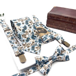 Dusty Blue Floral Bow Tie and Suspenders Set, Brown Blue Wedding Suspenders, Groomsmen Outfit, Boho Rustic Wedding image 5