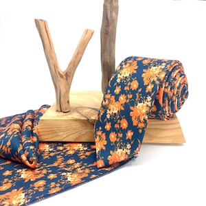 Burnt Orange Floral Necktie: Handmade Wedding Groomsmen Tie