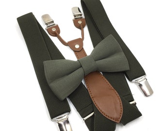 Olive Green Bowtie and Suspenders Set: Adjustable Y-Back, Ring Bearer Outfit