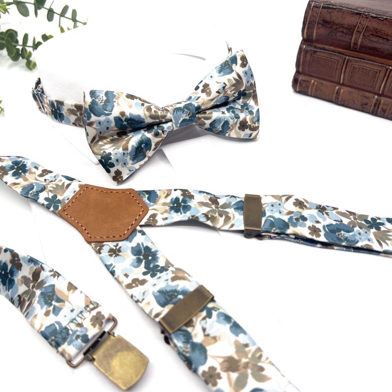 Dusty Blue Floral Bow Tie and Suspenders Set, Brown Blue Wedding Suspenders, Groomsmen Outfit, Boho Rustic Wedding image 12