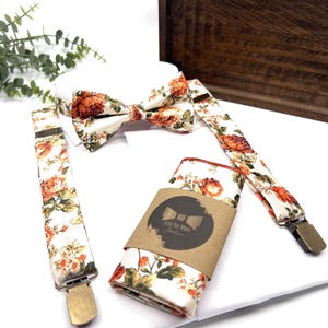 Rose Burnt Orange Floral Suspenders on an Ecru Background,Free personalization, Burnt Orange Bow tie, Suspender Bowtie, Floral Suspenders