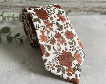 Stropdas met oranje bloemen, herfstaccessoire bruiloft bruidegom, roestbruin patroon, handgemaakte herenstropdas