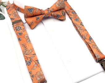 Burnt Orange Floral Suspenders & Bow Tie Set - Handmade