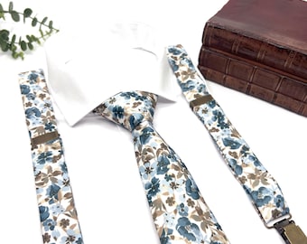 Dusty Blue Floral Tie Bow Tie, Botanical Wedding Groom Groomsmen Accessories
