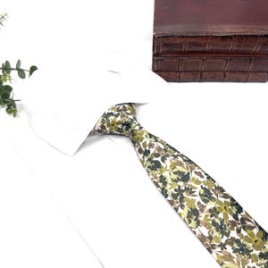 Floral Olive Green Necktie: Handmade Wedding Groomsmen Tie