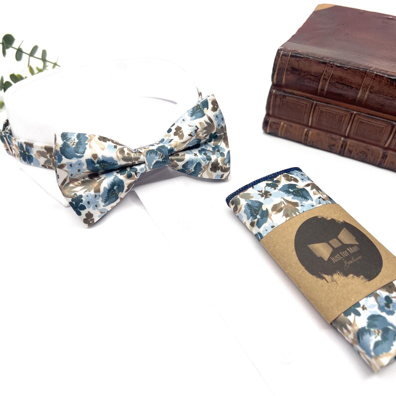 Dusty Blue Floral Bow Tie and Suspenders Set, Brown Blue Wedding Suspenders, Groomsmen Outfit, Boho Rustic Wedding image 11