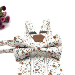 Floral Bow Tie on Ivory Base, Soft Blue Peach Tones, Handmade Boho Groom Accessory