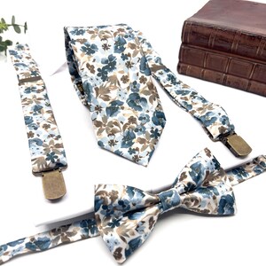 Dusty Blue Floral Bow Tie and Suspenders Set, Brown Blue Wedding Suspenders, Groomsmen Outfit, Boho Rustic Wedding image 8