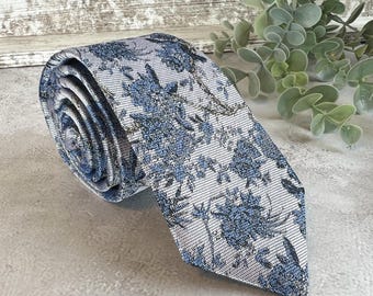 Dusty Blue Floral Woven Tie on Light Gray, Unique Wedding Necktie