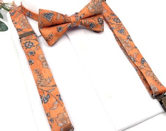 Burnt Orange Floral Bow Tie and Suspenders Set, Autumn Wedding Groomsmen Outfit, Rustic Boho Groom Accessories