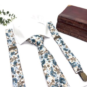Dusty Blue Floral Bow Tie and Suspenders Set, Brown Blue Wedding Suspenders, Groomsmen Outfit, Boho Rustic Wedding image 6