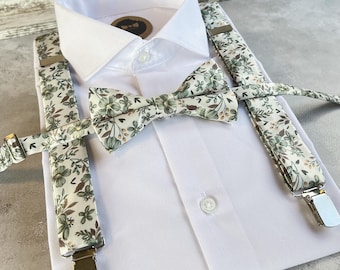 Floral Suspenders Bow Tie Set, Sage Olive Green Wedding Suspenders, Boho Groomsmen Gift, Rustic Floral Men Accessories