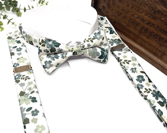 Floral Sage Green Suspenders & Bow Tie Set - Handmade Wedding Outfit