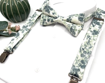 Floral Sage Green Suspenders & Bow Tie Set - Handmade Wedding Outfit