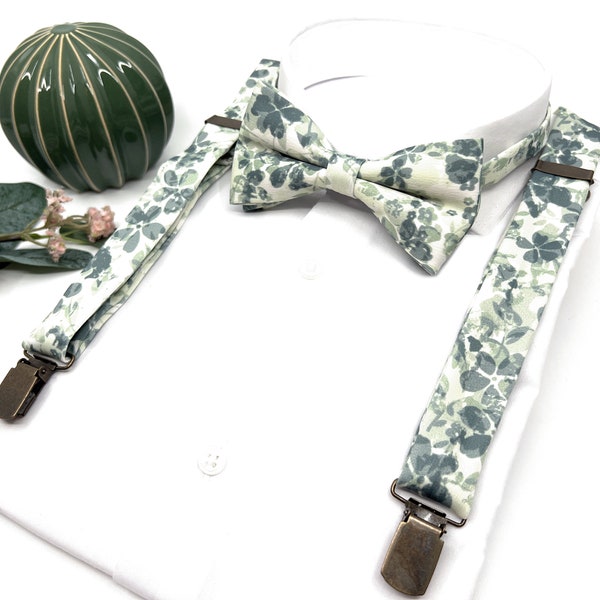 Floral Salbei grün Hosenträger, Floral Sag Fliege, Straps Schleife, Hochzeit Blumen Hosenträger, Groomsmen Hosenträger, Ringträger Outfit