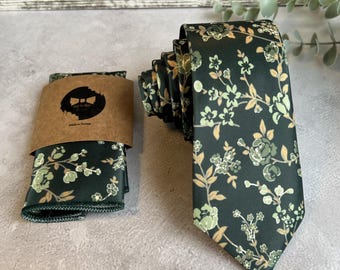 Forest Green Floral Tie, Groom and Groomsmen Wedding Necktie