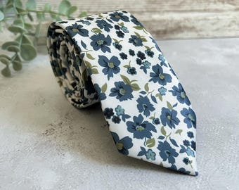 Dusty Blue Floral NeckTie, Ivory Background with Navy & Sage Green Botanical Print Tie