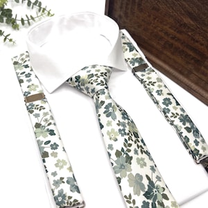 Floral Sage Green Satin Necktie: Wedding Groomsmen Tie