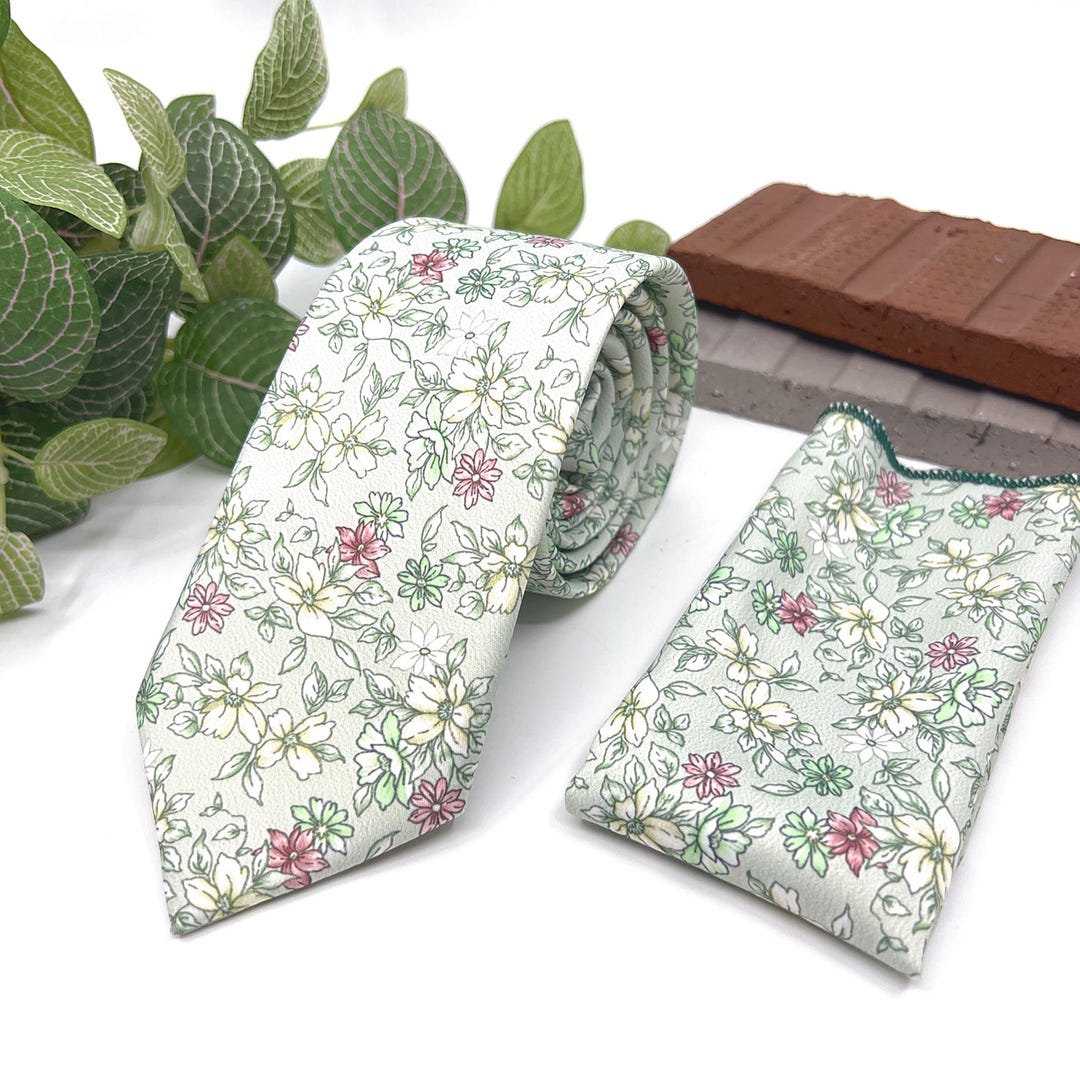 Dusty Pale Green Floral Necktie, Floral Men Necktie, Wedding Floral