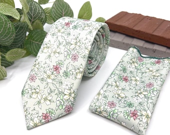 Floral Sage Green NeckTies For Wedding, Unique Groom and Groomsmen Accessories