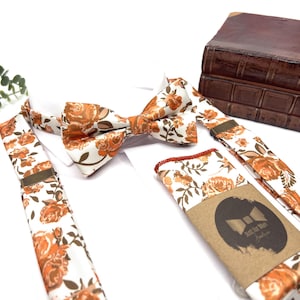 Burnt Orange Floral Suspenders on an Ecru Background, Free personalization, Burnt Orange Bow tie, Suspender Bowtie, Wedding Floral Suspender