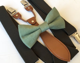 Olive Green Linen Bowtie and Olive Green Suspenders / Green Bowtie and Suspender / Adult Suspender / Ring bearer outfit / Toddler Suspender