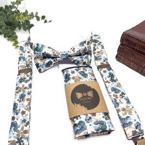 Dusty Blue Floral Bow Tie and Suspenders Set, Brown Blue Wedding Suspenders, Groomsmen Outfit, Boho Rustic Wedding image 4