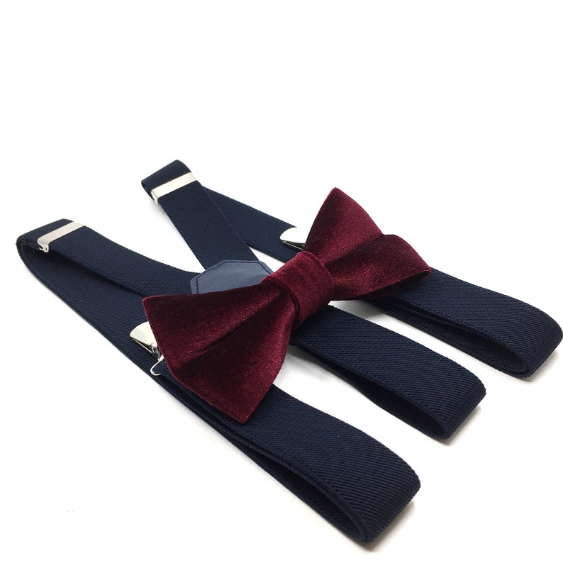 Burgundy Velvet Bowtie and Navy Blue Suspenders Set / Bowtie Etsy