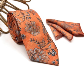 Floral Burnt Orange Neck Ties / Wedding Burnt Orange Neck Tie / Flower Neck Tie / Mens Necktie / Groomsmen Necktie/ Neck Tie For Men