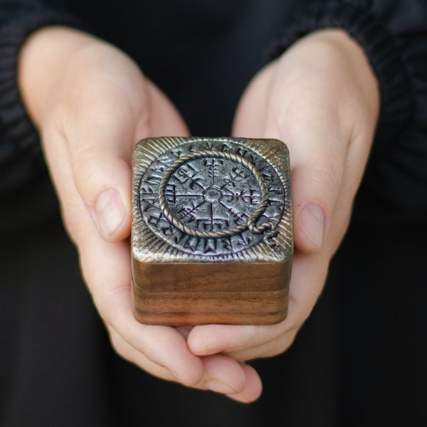 Viking ring box with Norse vegvisir viking compass nordic jewelry box magical stave futhark norse runes celtic mens wooden ring box wedding