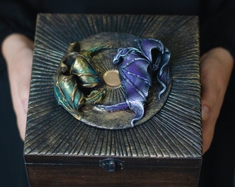 Green and purple dragon wooden box fantasy jewelry box unique stash medieval box treasure box tarot card witch box