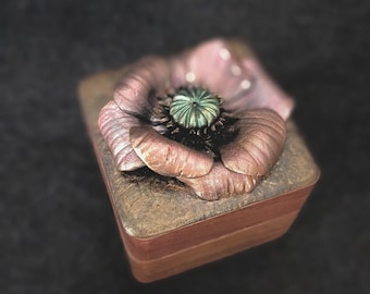 Wooden Ring Box with Poppy Flower Design - Wedding Ring Holder, Engagement Ring Box, Floral Keepsake