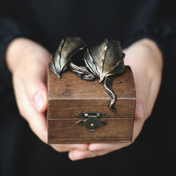 Bronze dragon box wooden wedding box for rings proposal box ring natural memory gift for him chest box jewellery box personalized