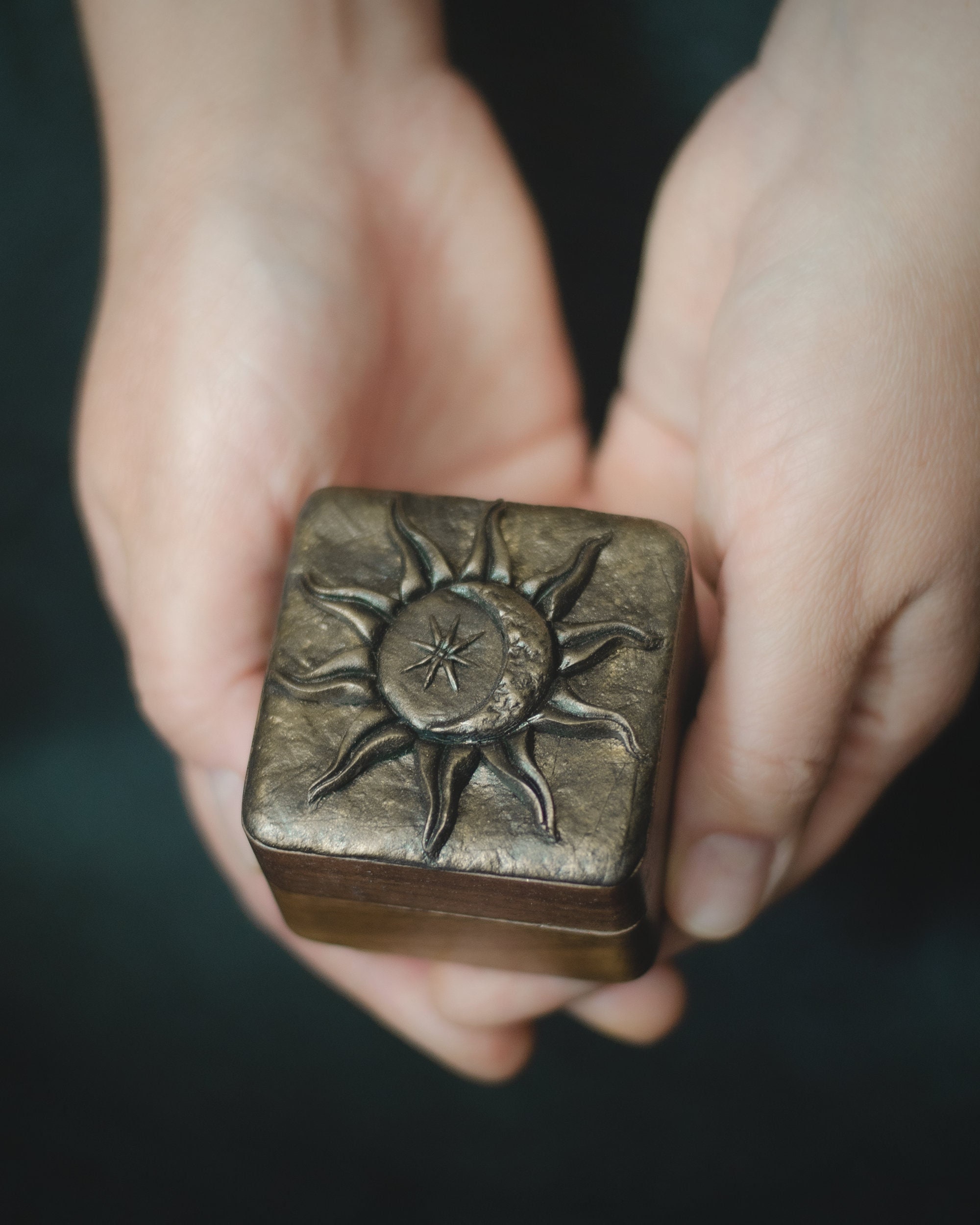 Wedding Proposal Ring Box Trinket with Sun and Moon Design - Unique Vintage Fantasy Engagement Ring Box - Cute Enchanted Wooden Ring Box