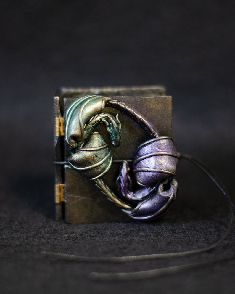 K&ouml;nnte beinhalten: Ein kleines, schwarzes, ledergebundenes Tagebuch mit einem geformten Drachenmotiv auf dem vorderen Umschlag. Der Drache ist aus einem gr&uuml;n-violetten, schillernden Material gefertigt und hat einen langen Schwanz, der sich um das Tagebuch windet. Das Tagebuch ist an einer schwarzen Schnur befestigt.