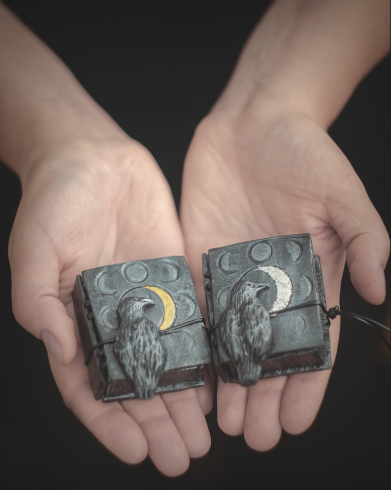 May include: Two small black leather-bound journals with silver and gold crescent moons and ravens on the covers.